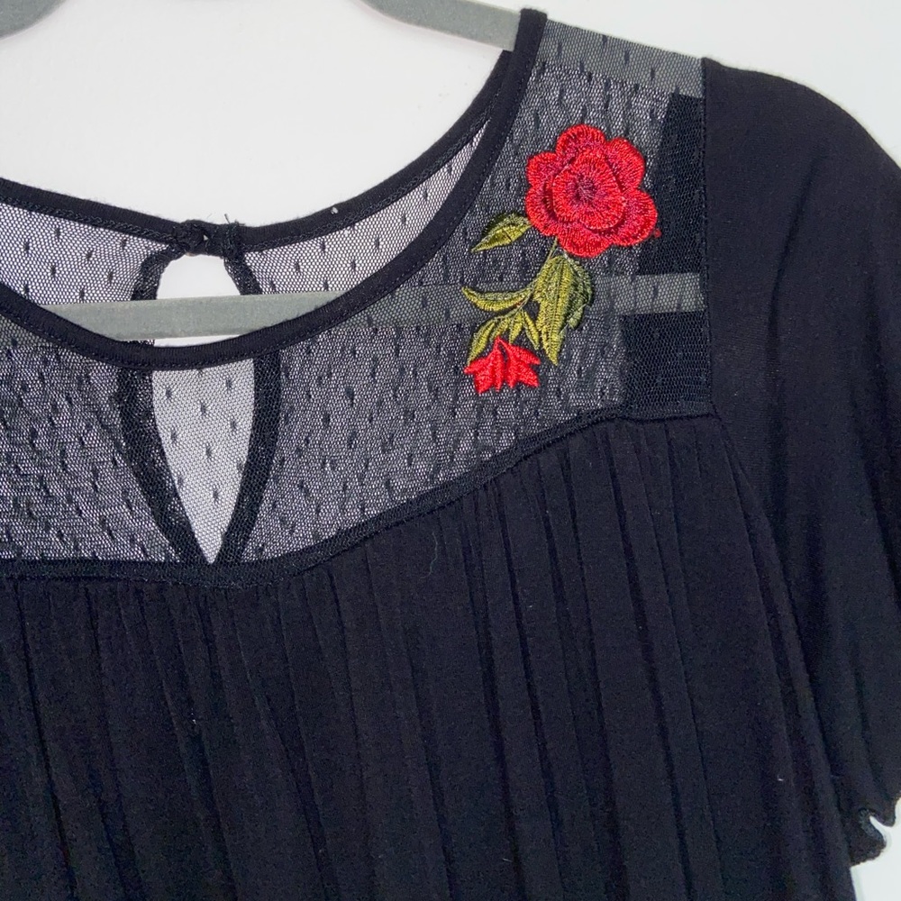 Black flowy shirt with rose patch & mesh by chest